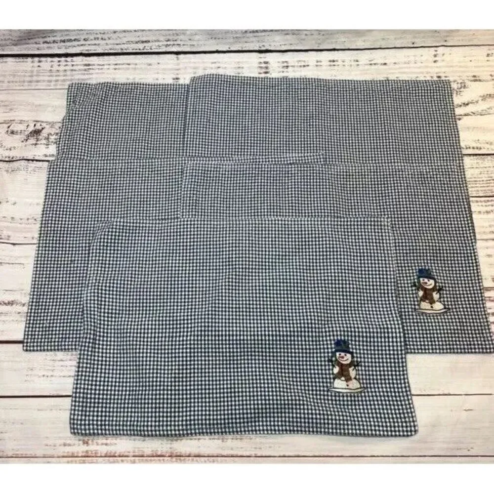 5 Snowman Placemats Christmas Holiday Blue‎ White Plaid Checkered Embroidered